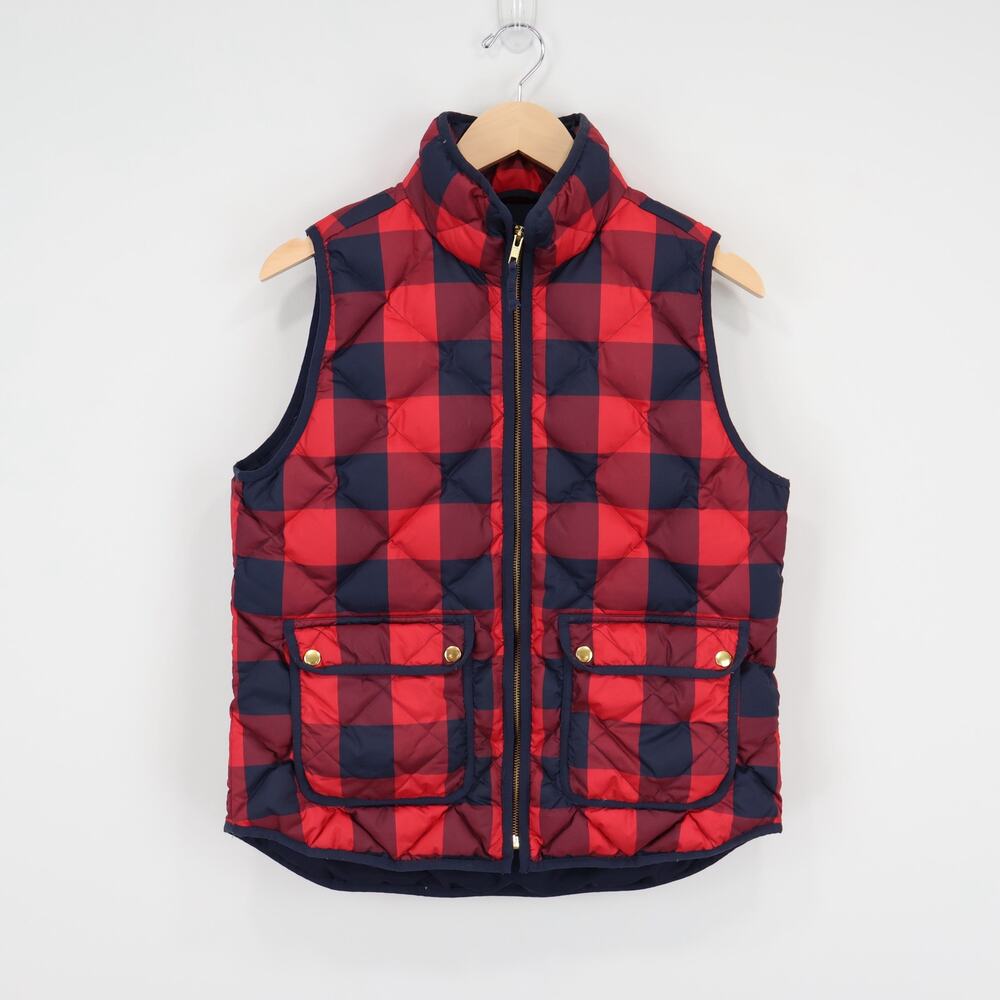 J.Crew Quilted Plaid Check Puffer Down Vest Red Navy Size Medium